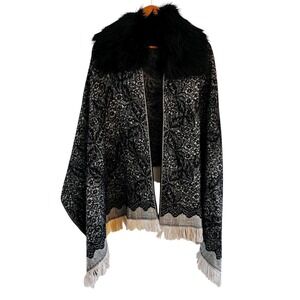 Madison 88 Anthropologie Floral Paisley Faux Fur Shawl Wrap Fringe One Size